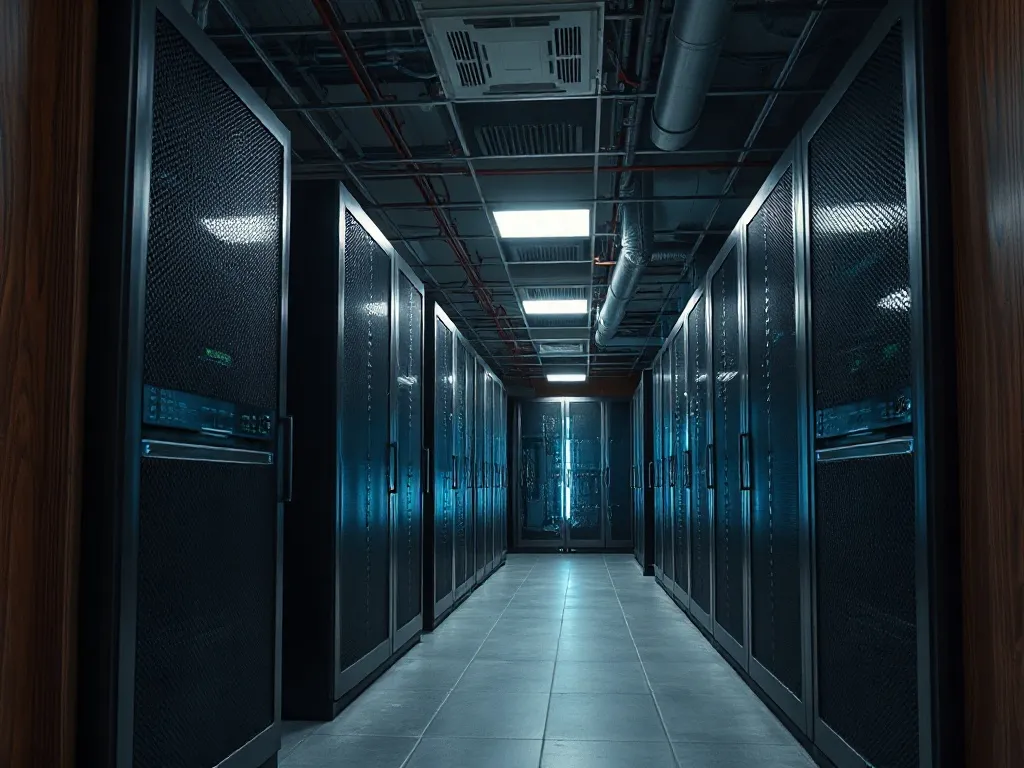 Industrial high-tech server room with clean lines, graphite