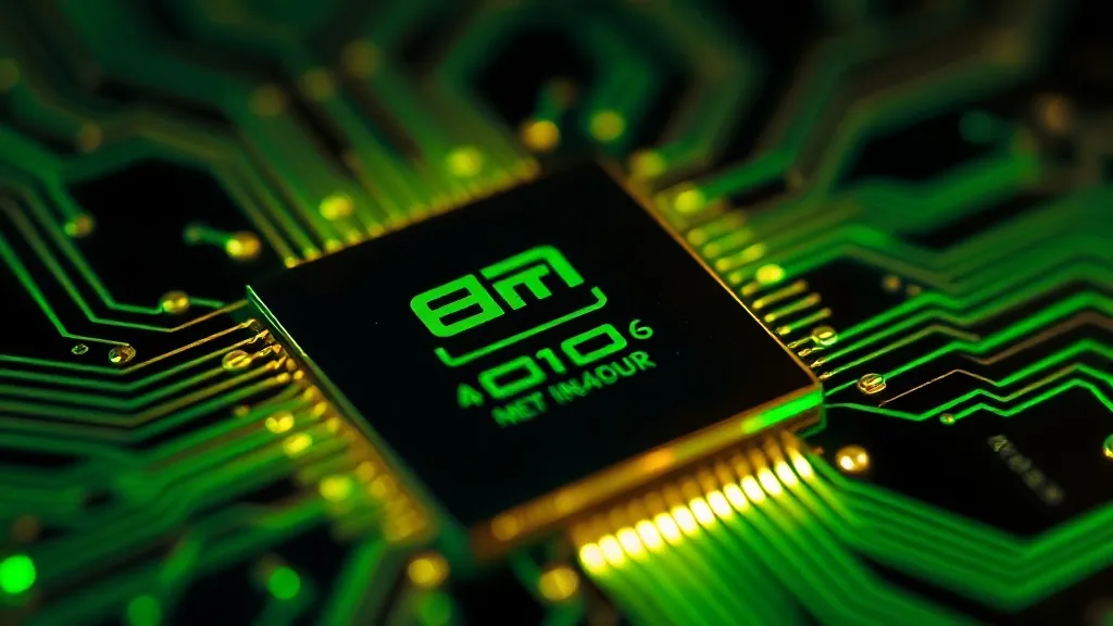 Close-up of a high-tech processor chip with glowing light tr